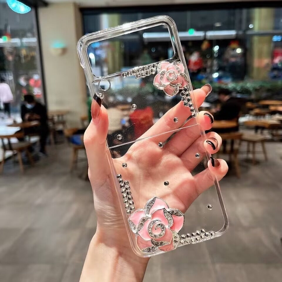 For Samsung Galaxy Z Flip3 5G Case PC Phone Back Cover Camellia Rhinestone Design For Samsung Galaxy Z Flip3 5G Case PC Phone Back Cover Camellia Rhinestone Design